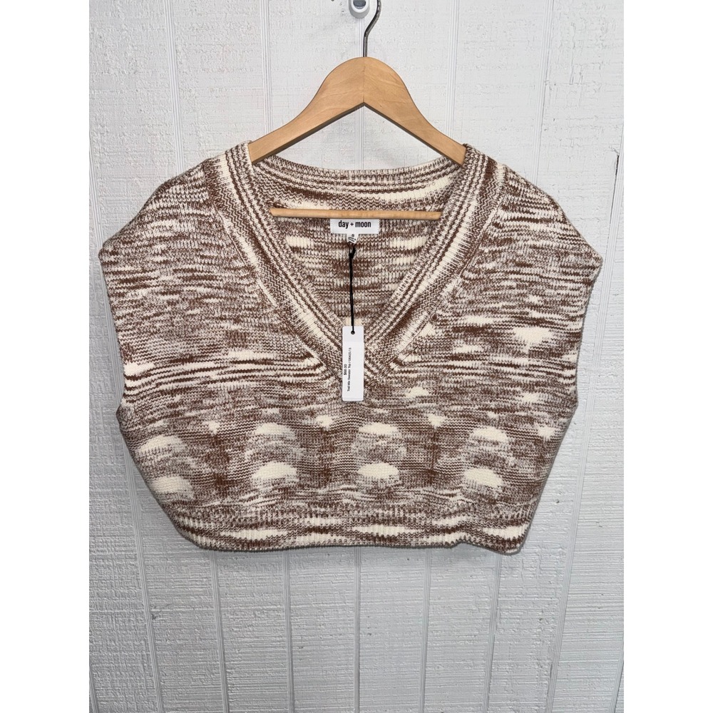 Day + Moon Trail Mix Sweater Vest Women Brown Space Dye Knit V-Neck Cropped S